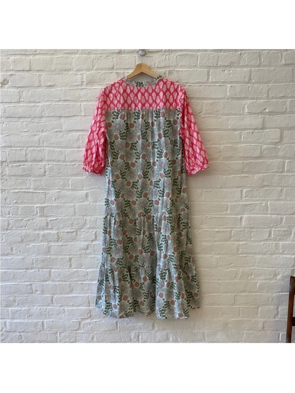 Zara Block Printed Floral Pink Ecru Midi Dress M